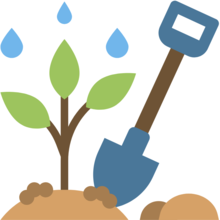 Cartoon drawing of garden closeup with a plant, water drops and shovel.