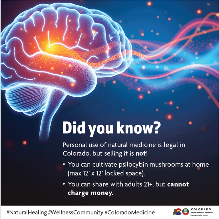 Graphic of colorful brain with brain waves and text about personal use of psilocybin